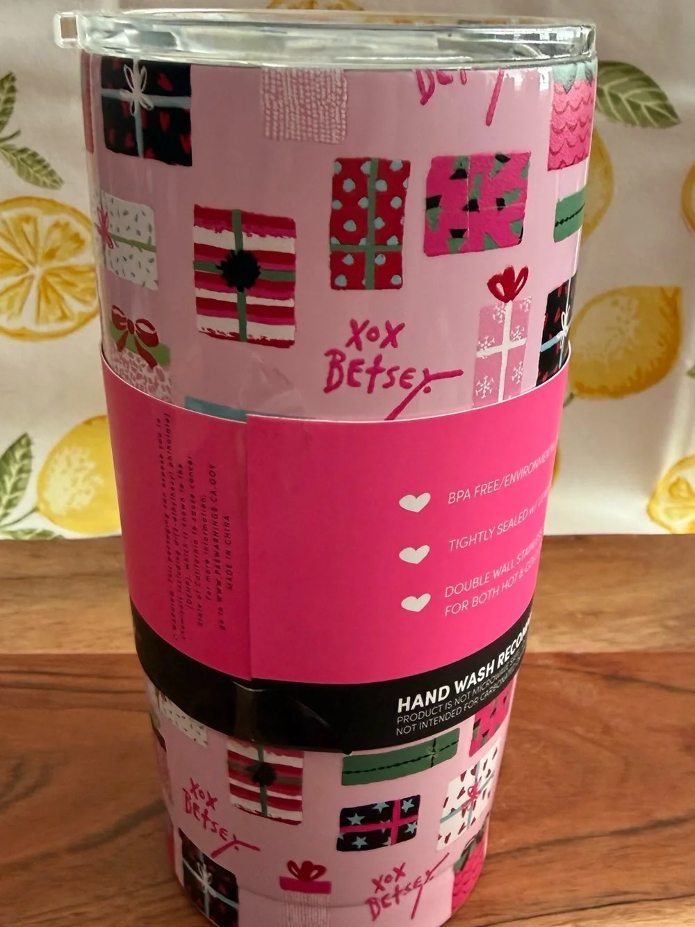 Betsey Johnson Pink Gift-Print Insulated Stainless Steel Tumbler